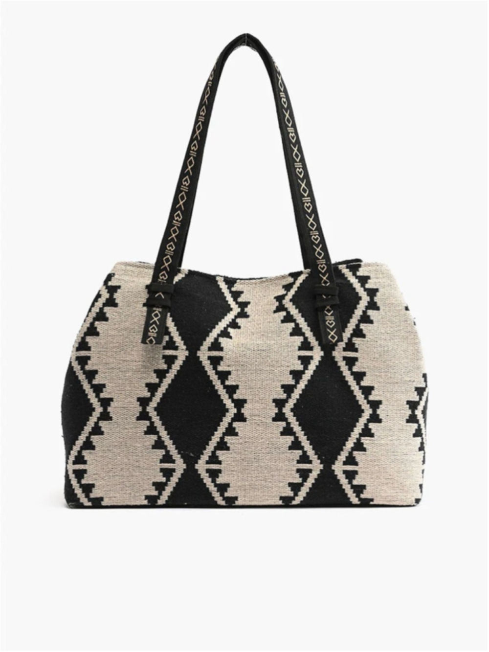 Boho Woven Black and Cream Weekender with Tassel Accents - Picture 3 of 5
